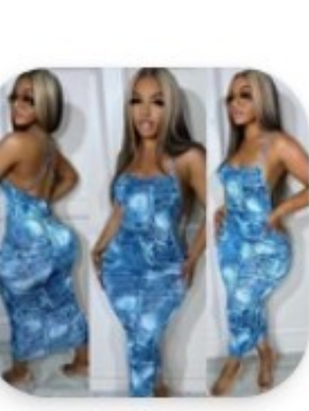 Blue Denim Look Midi Dress - Women's Strappy Bodycon